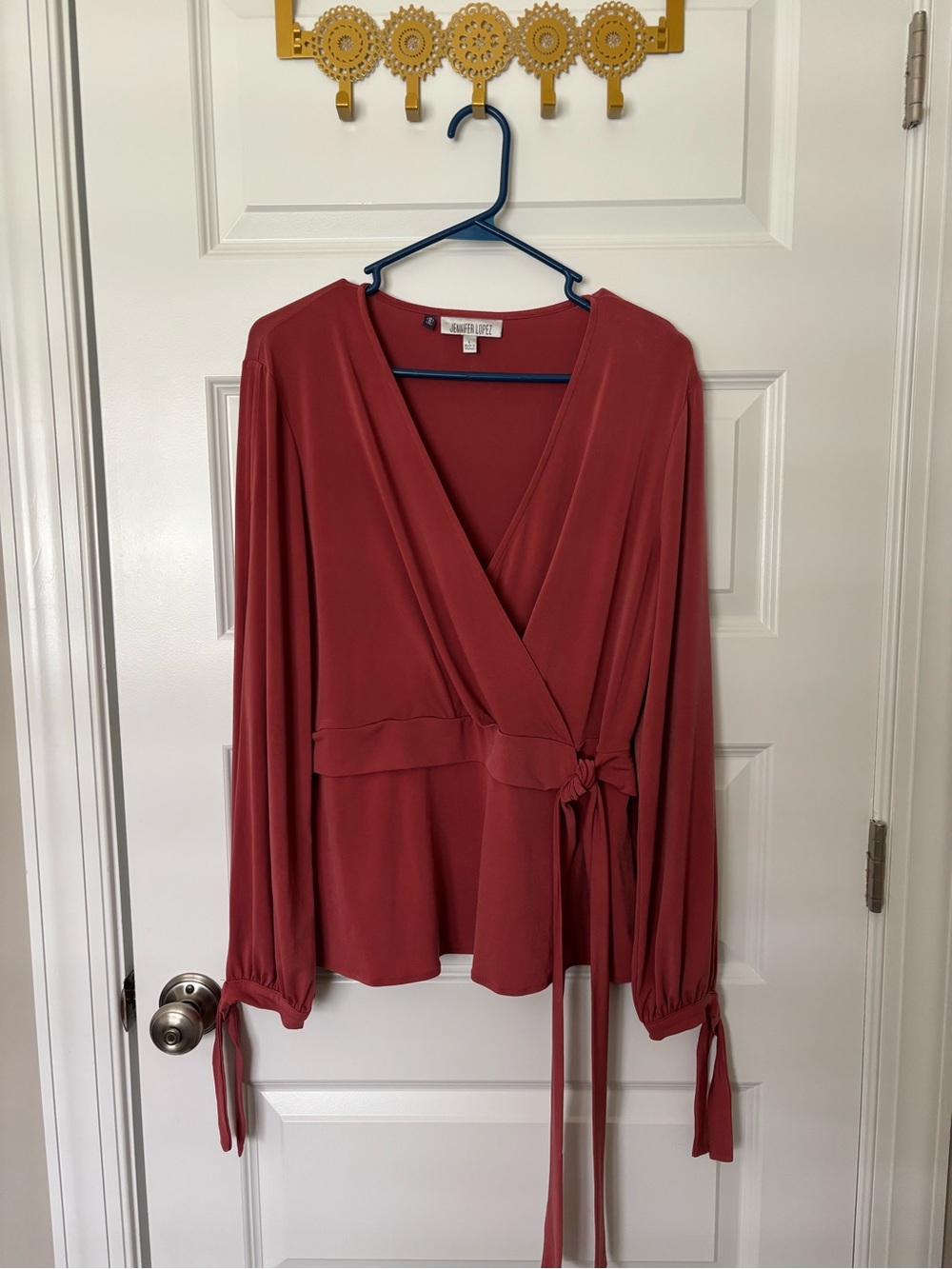 Jennifer Lopez Rust Wrap Blouse - Long Sleeve Tie Waist